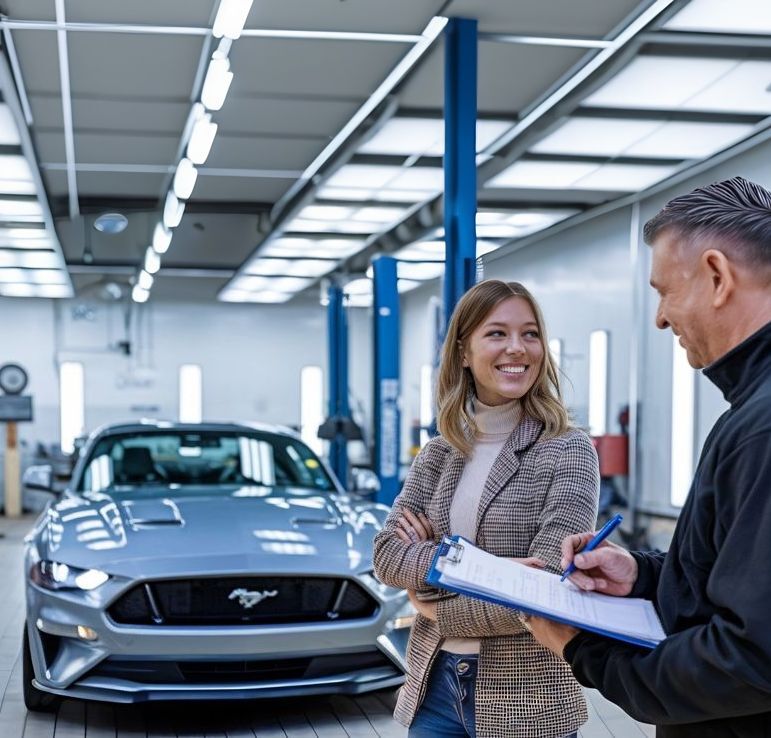 Ford-Mustang-Customer-with-auto-body-technician-Ford-Certified-Collision-Repair-New-Beginnings-Collision