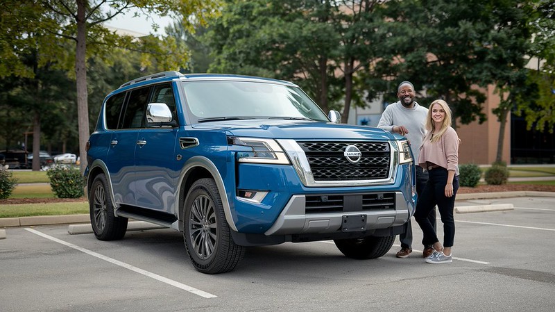 Attachment Details Nissan-Armada-blue-with-customers-after-Nissan-Certified-Collision-Repair-New-Beginnings-Collision-Center-Newport-News-VA
