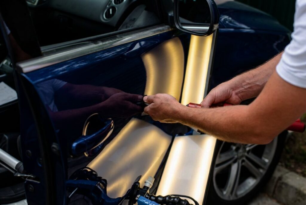 PDR technician performing paintless dent repair at New BEginnings Collision Center Paintless Dent Repair fender tech
