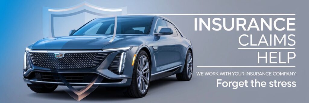 a-blue-cadillac-with-the-words-Insurance-Claims-Help-by-New-Beginnings-Collision-Center-Newport-News-