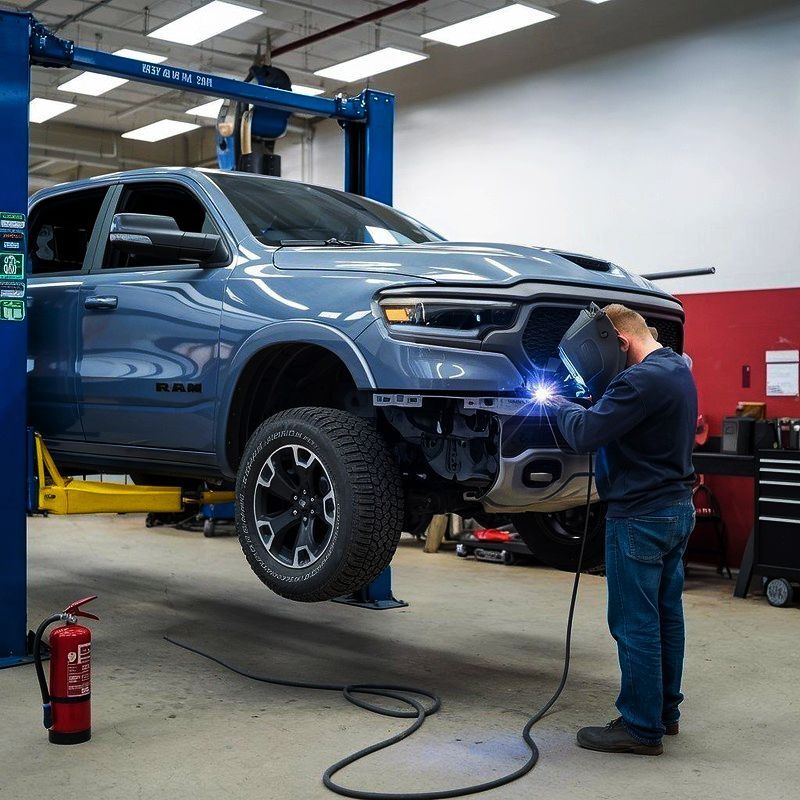 Technician-doing-collision-repair-on-a-FCA-certified-dodge-truck-collision-repair-New-Beginnings-Collision