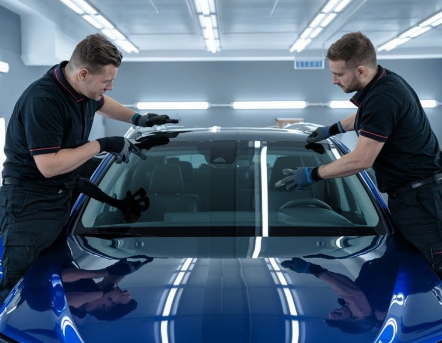 Auto Glass Repair techs placing windshield